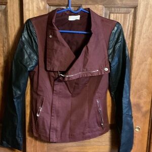 Women’s Burgundy Faux Leather Sleeve Moto Jacket